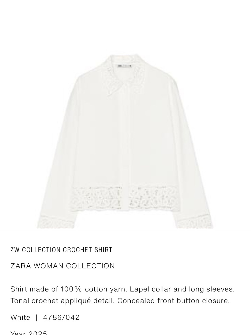 Zara White Crochet-Trim Button Down Shirt